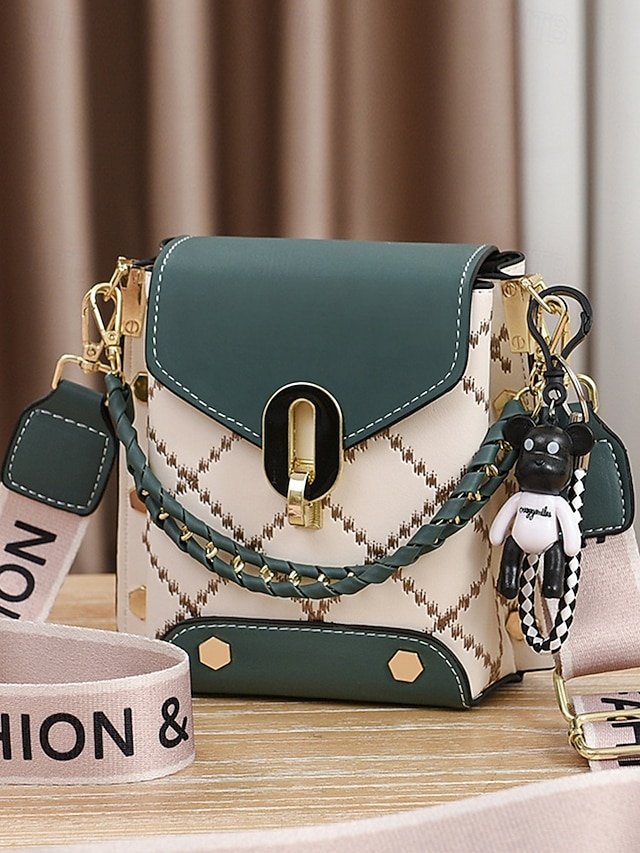 axvdaf1734738500190 Women's Trendy Plaid Mini Shoulder Bag with Bear Charm, - Image 1