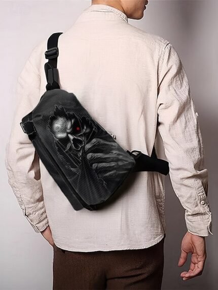 Men's Gothic Skull Crossbody Bag – Multi-Pocket Large