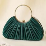 Green Elegant Pleated Velvet Clutch with Gold Ring Handle -
