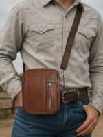 Men's genuine leather messenger bag with zipper pocket,