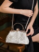 Elegant White Lace Evening Handbag with Pearl and Floral - Image 2
