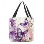 Women's Butterfly Print Canvas Tote Bag with Floral Design, - Image 9