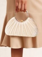 Green Elegant Pleated Velvet Clutch with Gold Ring Handle - - Image 4