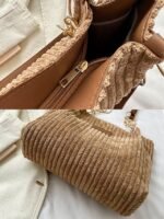 Women's Corduroy Tote Shoulder Bag with Leather Straps, - Image 8