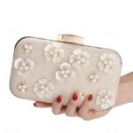 Women's 3D Floral Clutch with Pearl Accents and Gold Chain