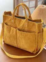 Women's Corduroy Tote Bag with Multiple Pockets, Casual - Image 14