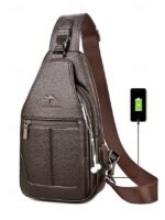 Men's Faux Leather Sling Chest Bag with USB Charging Port, - Image 2