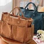 Women's Corduroy Tote Bag with Multiple Pockets, Casual