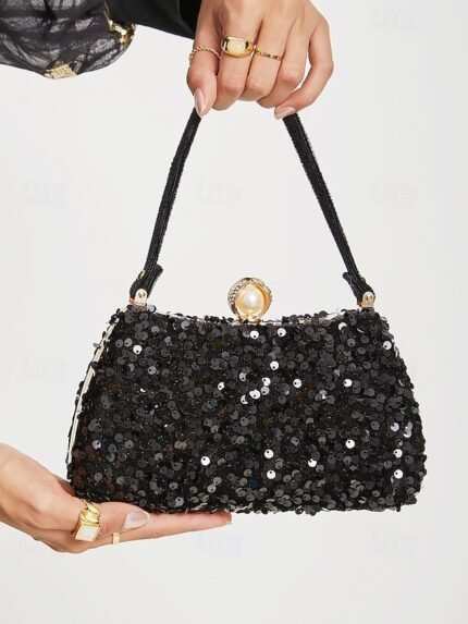 Women's Black Sequin Evening Clutch with Pearl Accent –