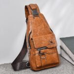 Men's Brown Faux Leather Crossbody Sling Bag with Multiple