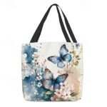 Women's Butterfly Print Canvas Tote Bag with Floral Design, - Image 8