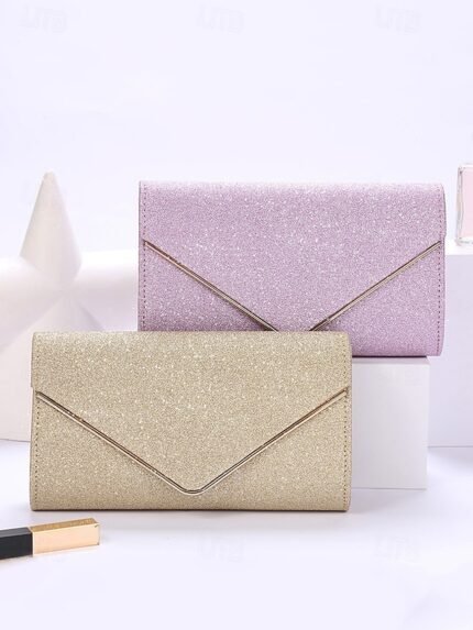 Women's Gold Glitter Envelope Clutch with Chain Strap –