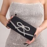 Blue Glitter Clutch Purse with Rhinestone Bow Accent, Elegant