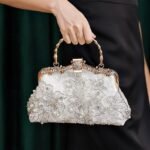 Elegant White Lace Evening Handbag with Pearl and Floral